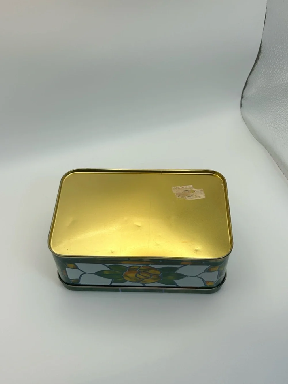 Vintage Stained glass Rose Tin Rectangular Storage Box Green White Orange Yellow